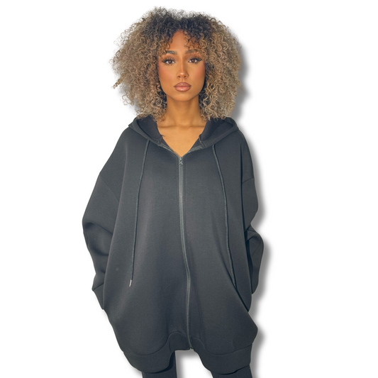 Long Neoprene-effect hoodie - BLACK