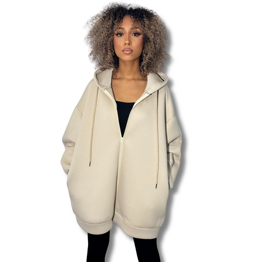 Long Neoprene-effect hoodie - BEIGE