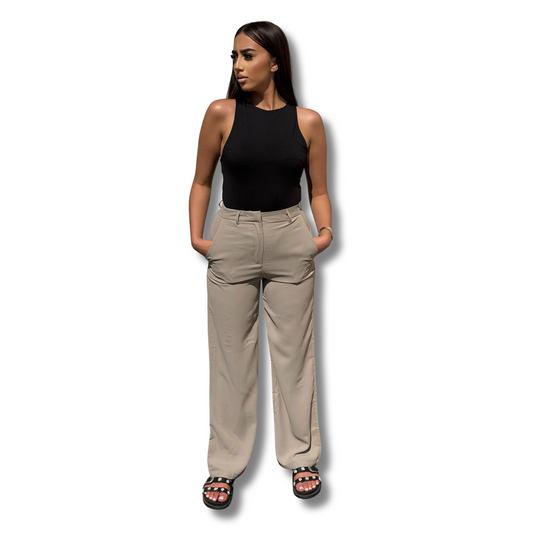LONG HIGH-WAISTED SUIT TROUSERS - TAUPE