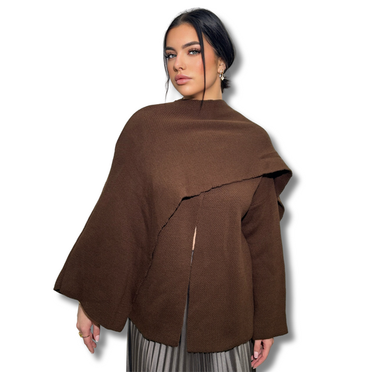 Mid-length knitted cape - BROWN