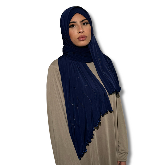 Strass beaded premium jersey hijab - BLUE NAVY