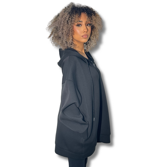 Long Neoprene-effect hoodie - BLACK