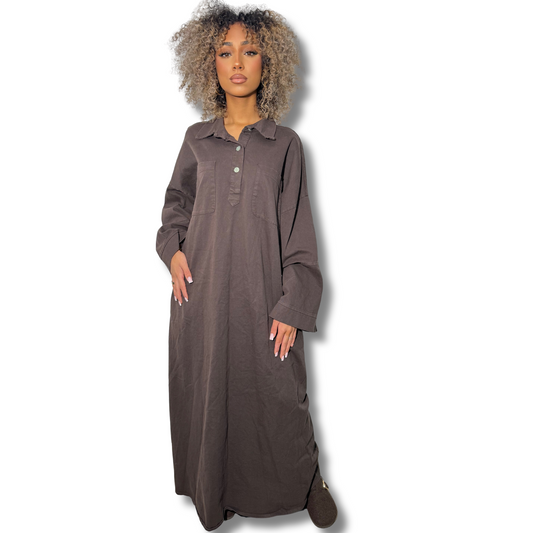 Oversized denim dress - BROWN