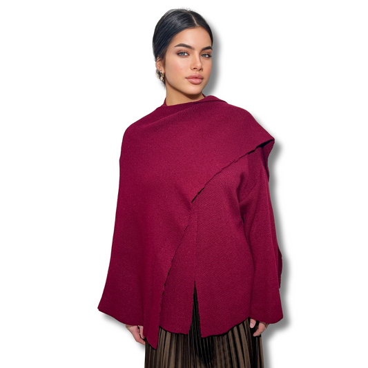 Mid-length knitted cape - BURGUNDY