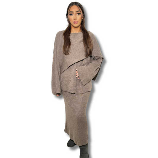 Knitted skirt + cape set - TAUPE