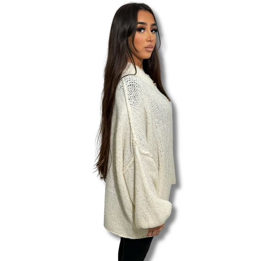 High-neck button jumper - WHITE